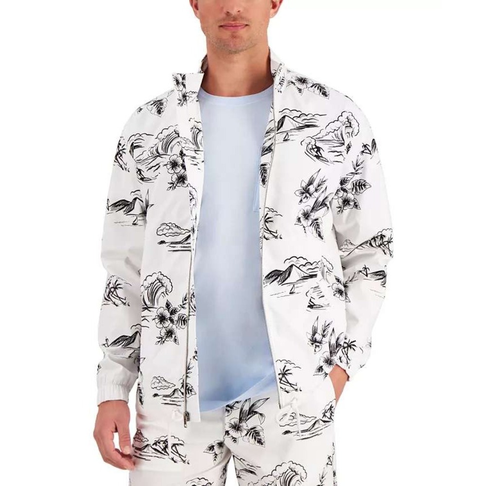 Club Room Windbreaker Jacket Mens XXL White Tropical Surf Print‎ Zip